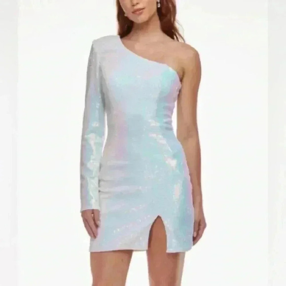 Elegant One-Shoulder White Sequin Prom Dress - Picture 1 of 7